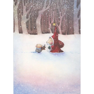 RSVP Little Animal Giving Santa a Toy Deer Falling Snow Mary Melcher Christmas Card