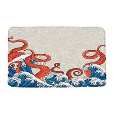 Octopus Great Wave Bath Mat Red Kraken Tentacles Blue Ocean Wave Nautical Sea...