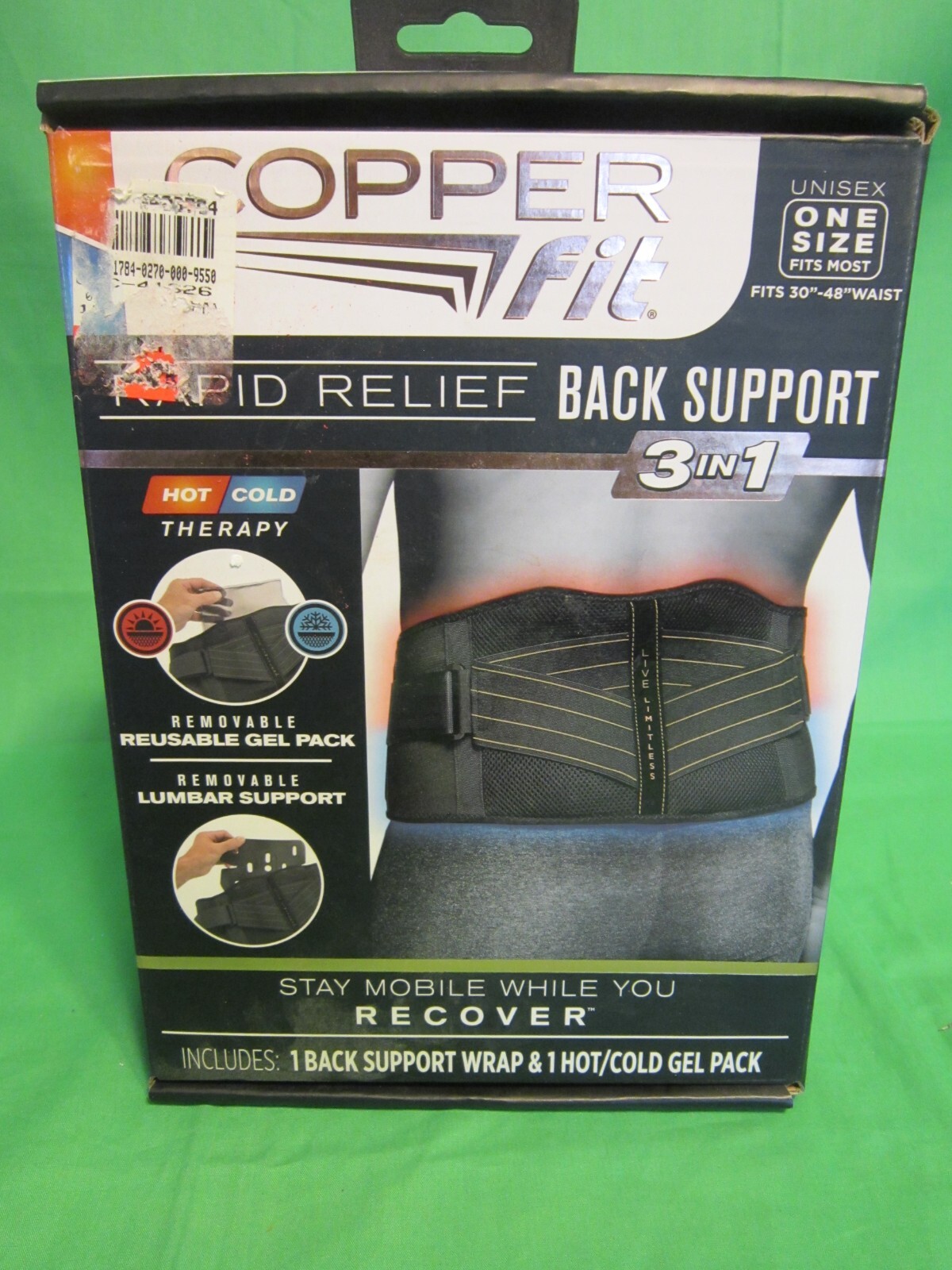 Copper Fit One Size Unisex Rapid Relief Back Support Brace Hot/Cold