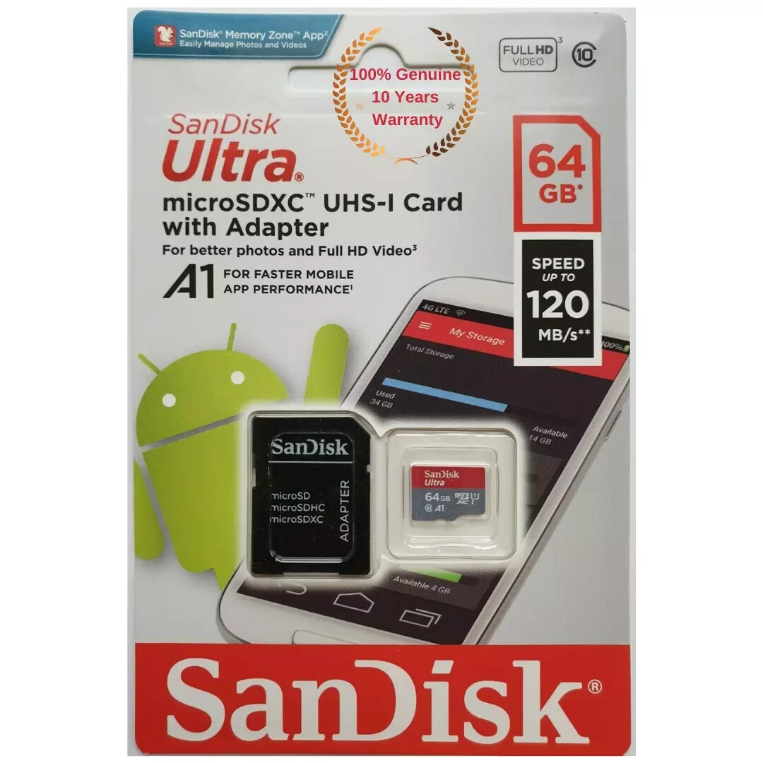 SanDisk 64GB Ultra MicroSDXC – 120MB/s, Classe 10, A1, UHS-I, Per Smartphone E Tablet