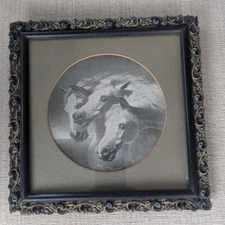 Pharaoh's Horses Lithograph in Detailed Antique Frame w/ Old Glass 9 1/2" Square