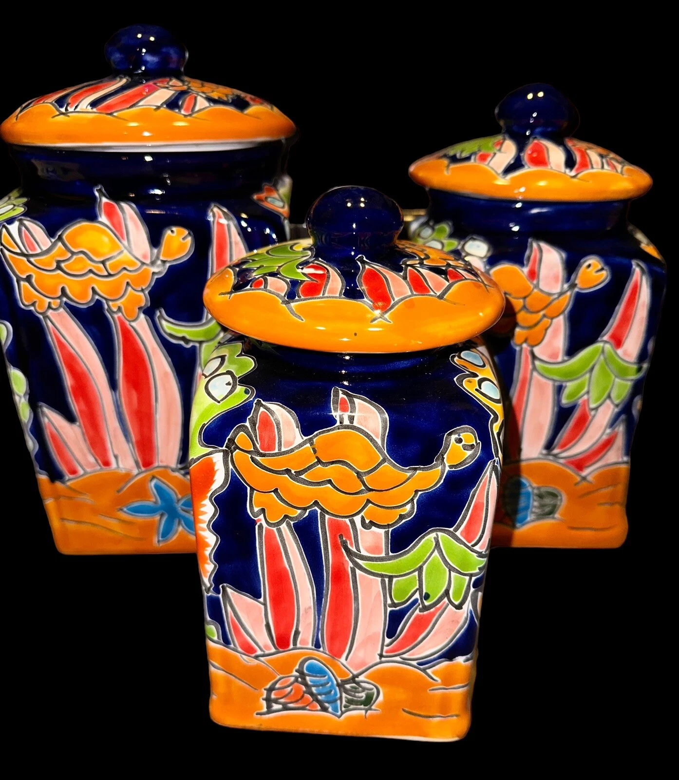 3 Piece Canisters Set Talavera Cobalt Blue Beach and sea life .