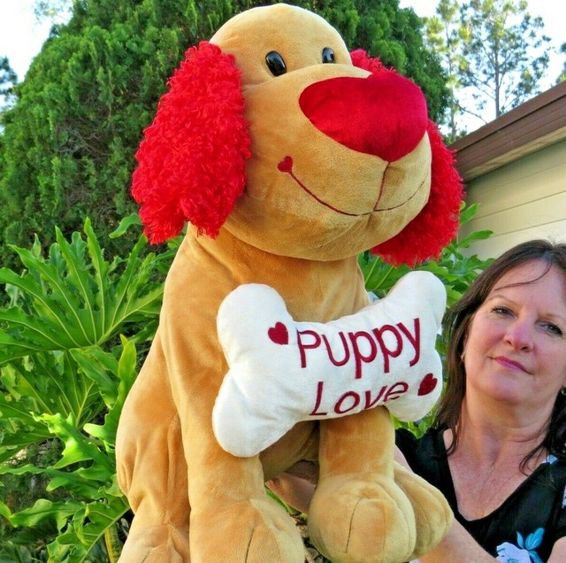 JUMBO PUPPY LOVE Brown & Red Heart Nose GIANT Dog Plush Stuffed Animal