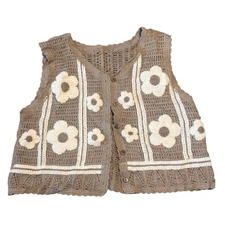 Vintage Crochet Flower Vest Taupe White Boho Sleeveless Button Up