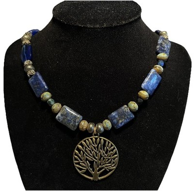 Lapis Lazuli Square Stone Tree Of Life Necklace 20 Inches Long Statement