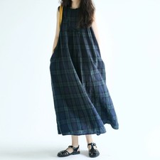 2026 Summer Plus Size Plaid Linen Cotton Sleeveless Dress With Chest Ruffle