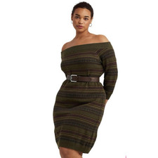 Lauren Ralph Lauren Off The Shoulder Sweater Dress Fair Isle Knit Belted XL