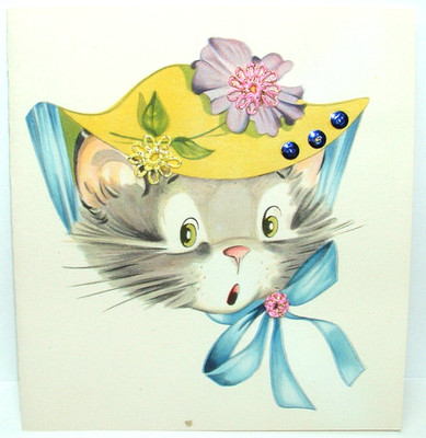 UNUSED - TATTED FLOWERS, SEQUINS - Kitty Wears Hat, Cat - 1940's Vintage Card