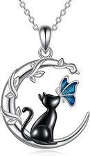 Cat Butterfly Crescent Moon-Necklace 925 Sterling Silver Gifts for Wife Mom Wome