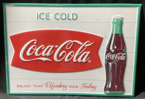 (VTG) 1950's Ice Cold Coca Cola Bottle Fishtail Metal Tin Sign Coke Original @W
