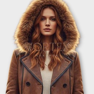 Handmade Vintage Brown Leather Trench Coat | Fur Hood, Women's Winter Jacket