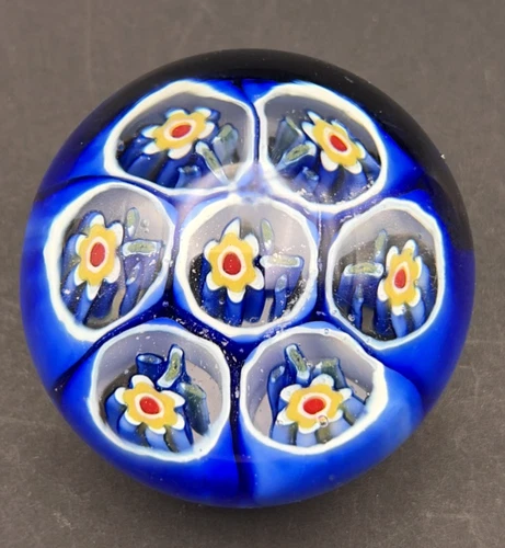 Murano Art Glass Millefiori Paperweight Italy Blue Yellow Green Red