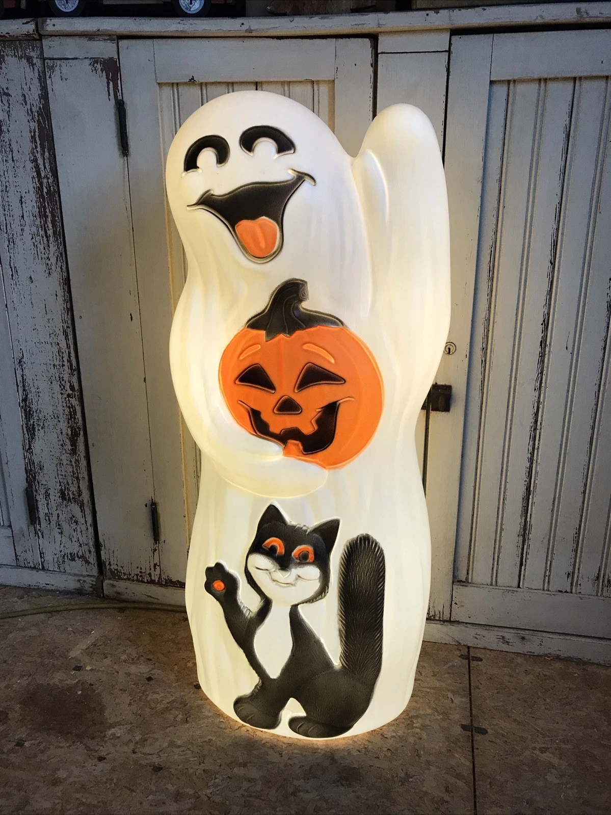 Blow Mold Halloween Ghost With  Black Cat Pumpkin Light Up USA Made 34”