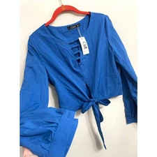 CBR Blue Cropped Blouse Open Sleeves Tie Waist Size M NEW Sexy Shirt