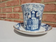 Lomonosov Russia Blue White Porcelain Church on Nerl Mug & Saucer Set Excellent