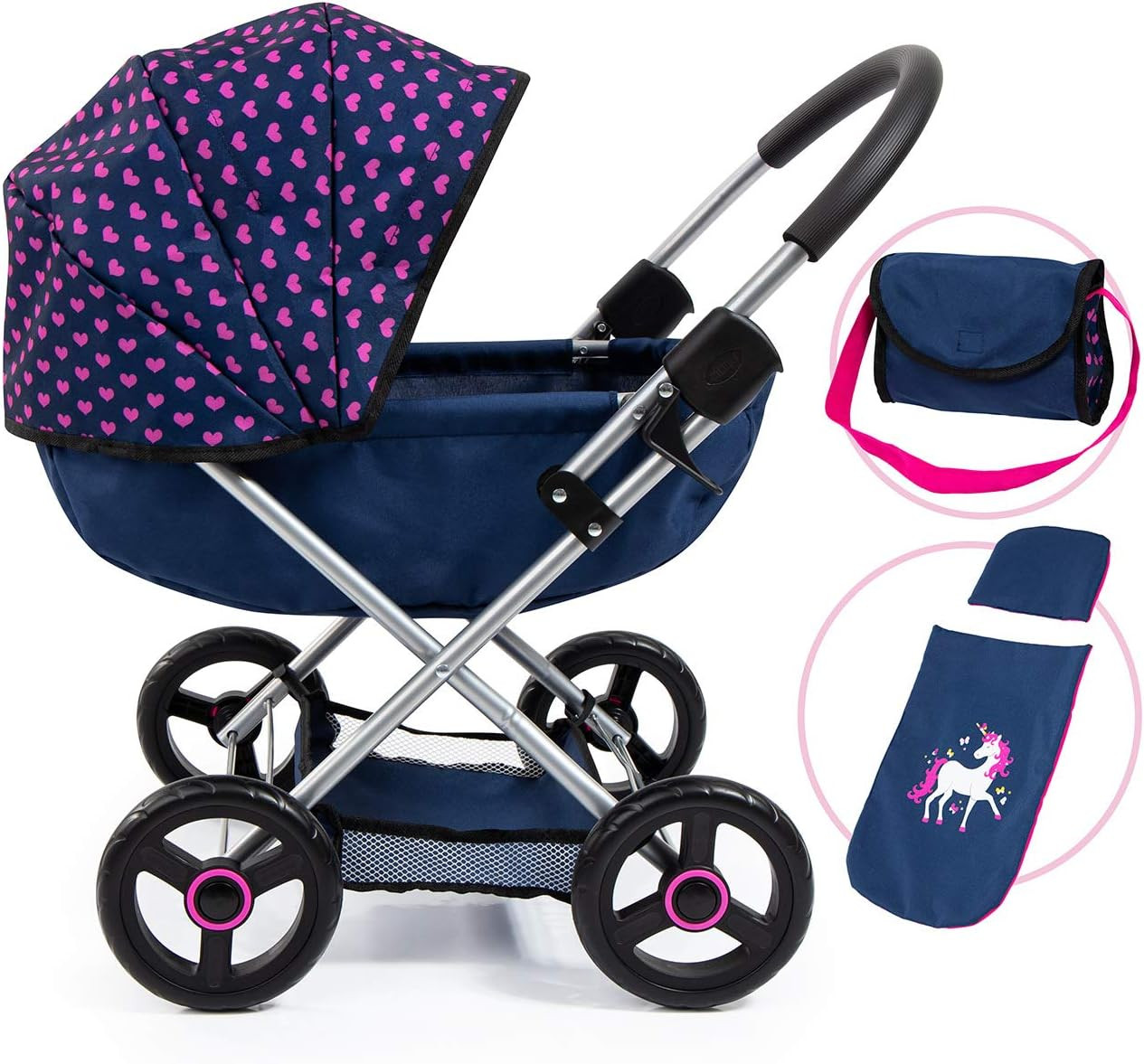 Baby Doll Stroller Toy Set with Accessories - Pink/Grey Pretend Play Carriage fo