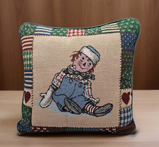 Vintage 90s Raggedy Andy Doll Tapestry Style Throw Pillow Green Cabin 12x12