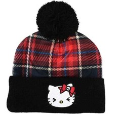 Hello Kitty Beanie Winter Hat for Women Punk Red Plaid Black Pompom