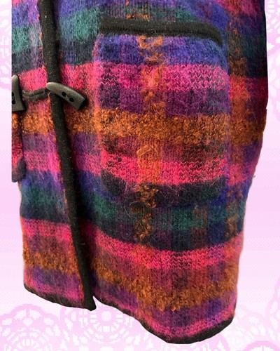 vintage 90s plaid fuzzy mohair blend toggle button blanket sweater coat size L - 第 6/10 張圖片