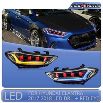 LED Headlights for Hyundai Elantra 2017-2018 w/ Red Eyes & White DRL Headlamps