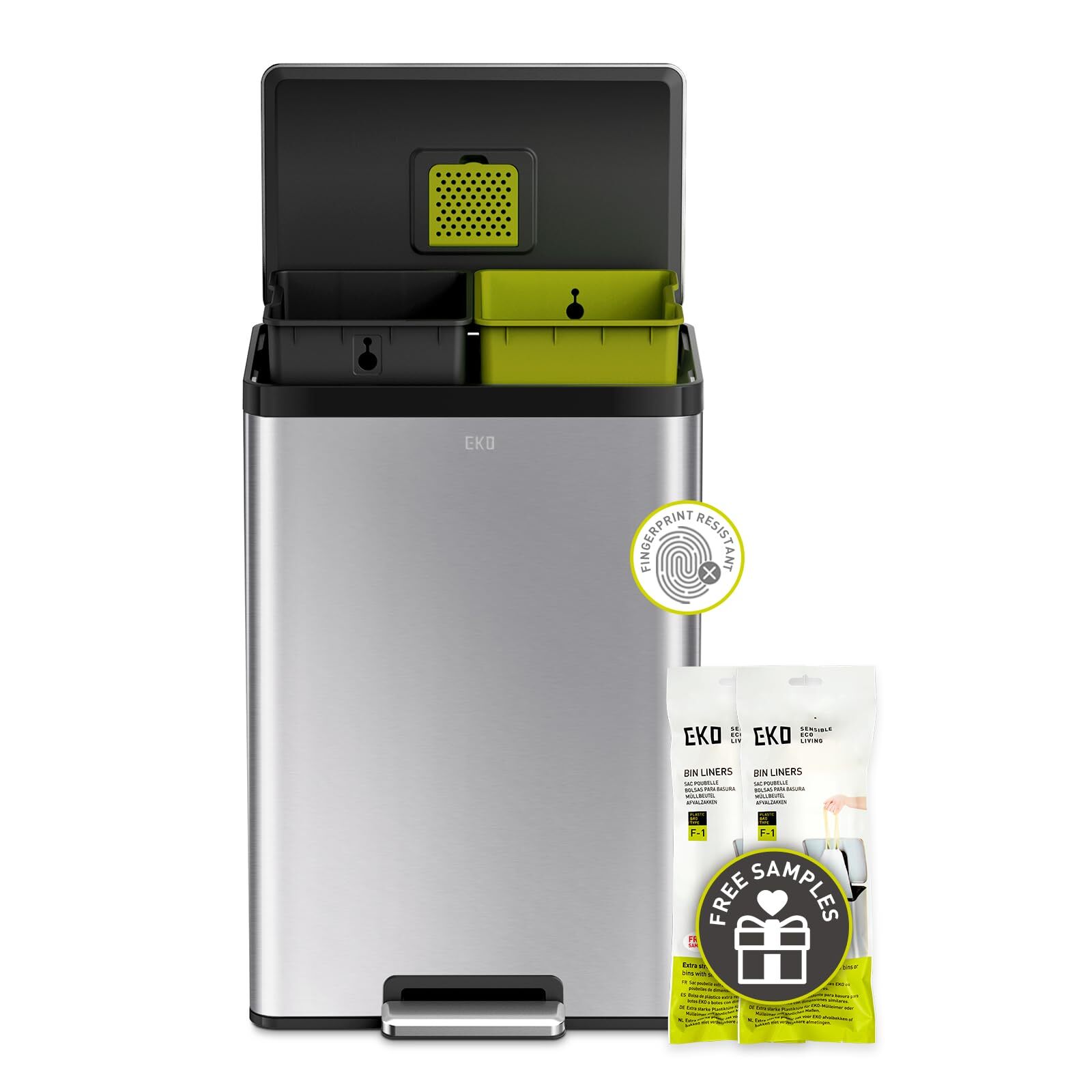 EKO EcoCasa II Rectangular Kitchen Step Trash Can, 20L+20L Dual Compartment