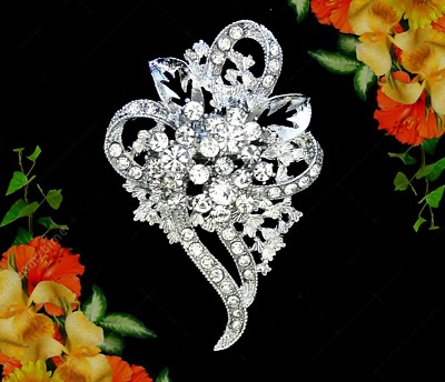 silver brooch for dress WHITE FLOWER HEART CLEAR RHINESTONE CRYSTAL SILVER BROOCH PIN~WEDDING DRESS  SASH