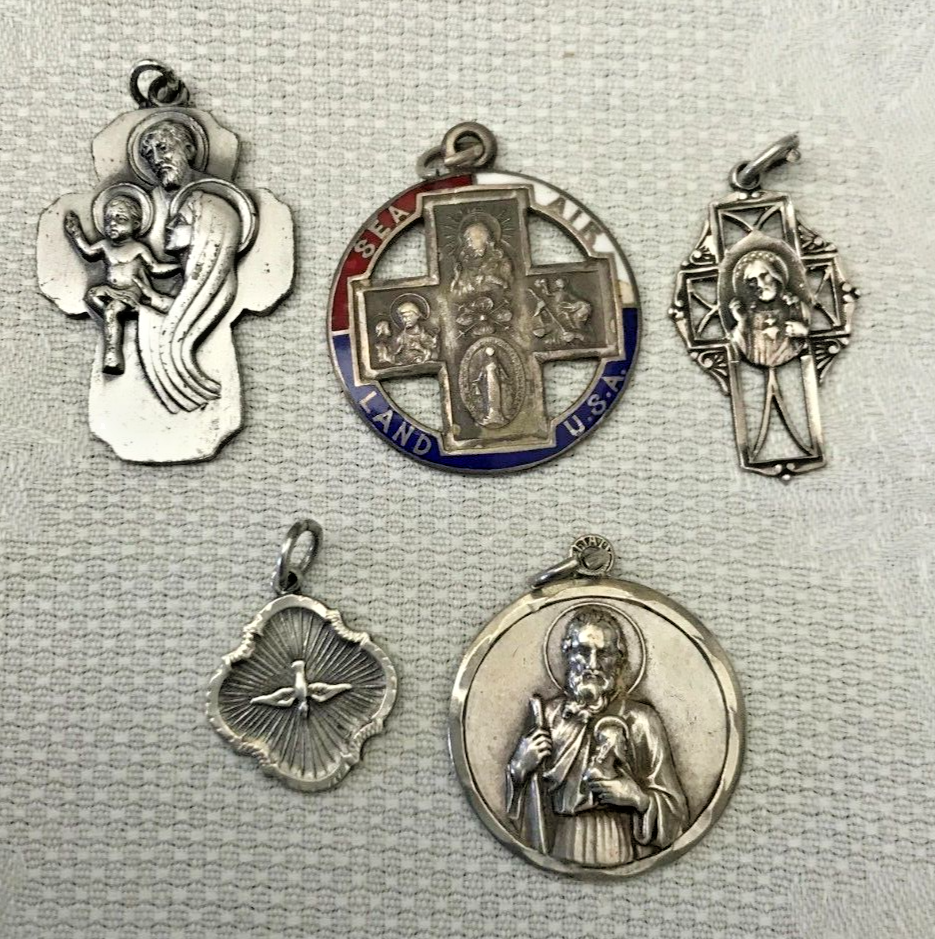 Vintage 5 STERLING SILVER RELIGIOUS MEDALS CHARMS PENDANTS eBay