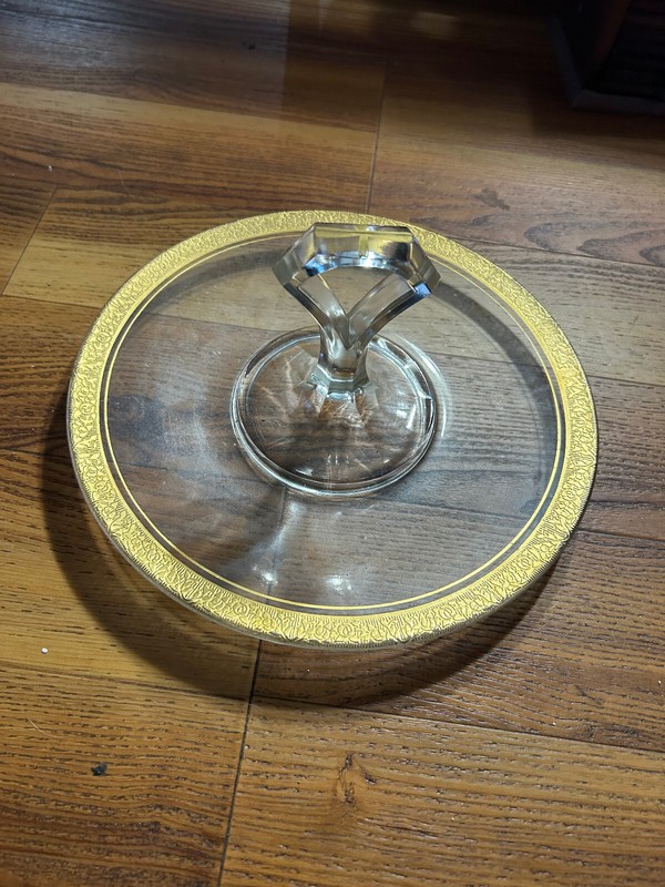 Gold Crested clear Glass Serving Dish with Handle