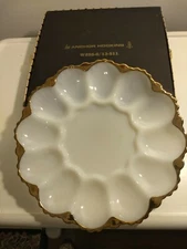 Vintage Anchor Hocking Devil Egg Bowl Still In Box White With Gold Trim Open Box