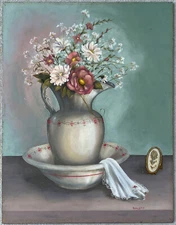 Penny Willis Floral Still-Life Acrylic on Wood Vintage Painting, Signed,1960s