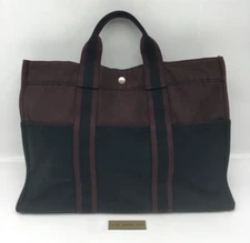 HERMES Tote Bag Fool Toe MM Canvas Black/Bordeaux Women'ｓ Cotton Canvas Auth