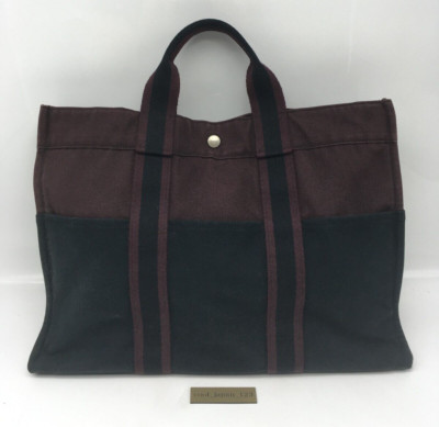 HERMES Beuteltasche Tasche Fool Toe MM Canvas schwarz/bordeaux Damen Baumwoll...