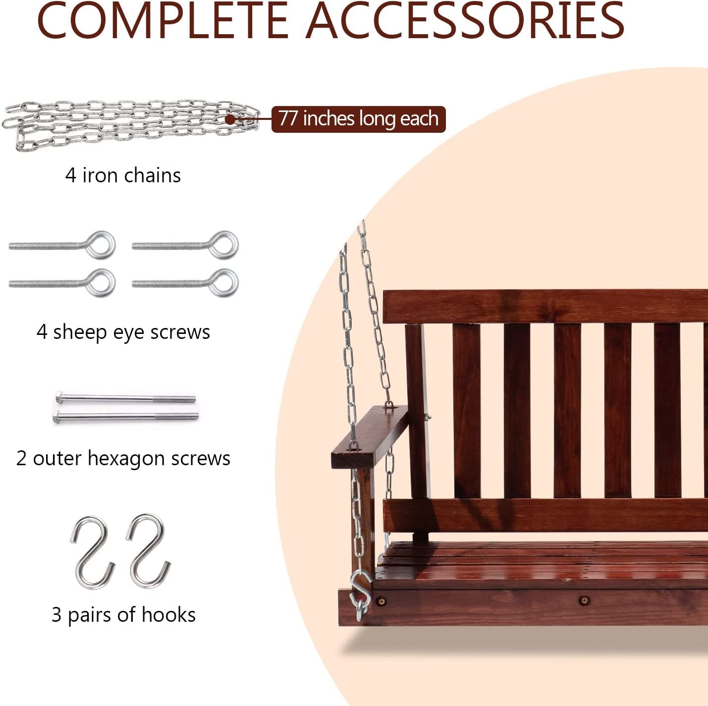 Wooden Porch Swing 800lb Weight Capacity Outdoor Swing Bench w/Hanging Chains