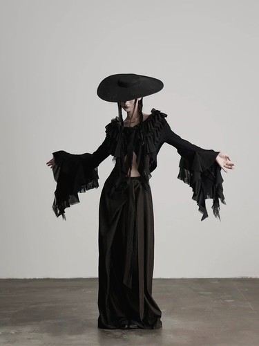 Gothic Y2K High Waist Wrap Wide Leg Pants Dark Grunge Maxi Skirt Trousers