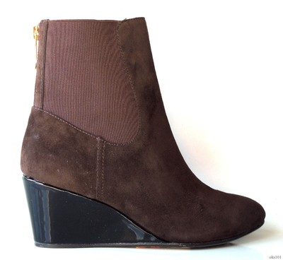 TARYN ROSE dark brown suede gold zipper WEDGE ANKLE BOOTS shoes