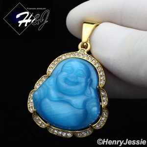 Authentic MEN Brushed Light Blue Rhinestone Gold Plated Buddha Pendant*117