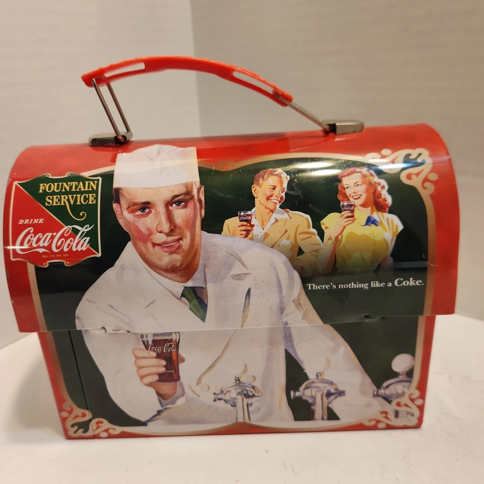 2012 COCA-COLA Workman Tin Lunch Box Red Fountain Service Retro EUC - Image 2 of 4