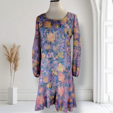 Vintage 60s Floral Mini Dress Impressionist Watercolor Print Flounce Hem S