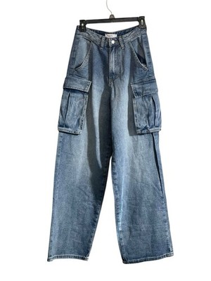 Y2K Rue 21 Sz 4 Wide Leg Cargo Jean High Rise Baggy Big Flap Pocket Grunge Skate