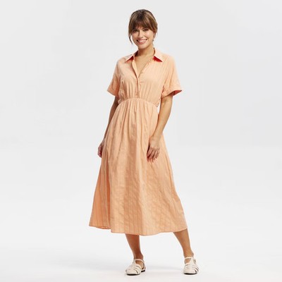 Women Short Sleeve Button-Front Midi Shirtdress - Universal Thread Orange S