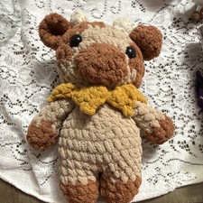 Handmade Crocheted highland cow Plush Stuffed Animal w/ Yellow Bow, Small 6-14"