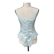 Val Mode Baby Blue Satin Lace Teddy S Small Lingerie Bodysuit Corset Look