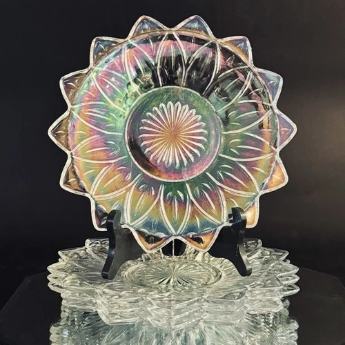 (4) Vintage Federal Glass Iridescent 9” Petal Plate Set