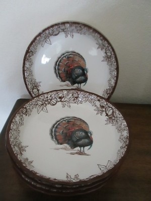 4 Prima Designs 9.5'' Soup/Pasta Bowls Bowl with Turkey Motif/NWT