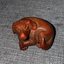 Vtg Japanese Hand Carved Resting Dog Netsuke Figurine Resin TLC