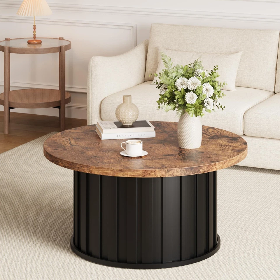 Round Coffee Table with Metal Base, Mid Century Modern Design, 31.9" Fluted C... - Image 3 of 4