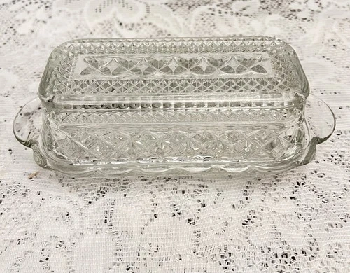Vintage Clear Glass Anchor Hocking Wexford Diamond Pattern Butter Dish w/Lid