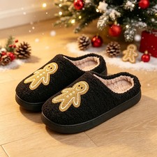 Christmas Fluffy Women Slippers Gingerbread Candy Cane Fuzzy Fur Indoor Slides
