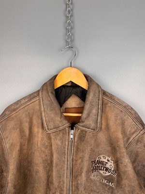 Vintage 90s Planet Hollywood Las Vegas Leather Bomber Jacket Brown