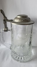 Stag Deer Etched  Crystal Vintage Pewter Lid Beer Stein Glass 